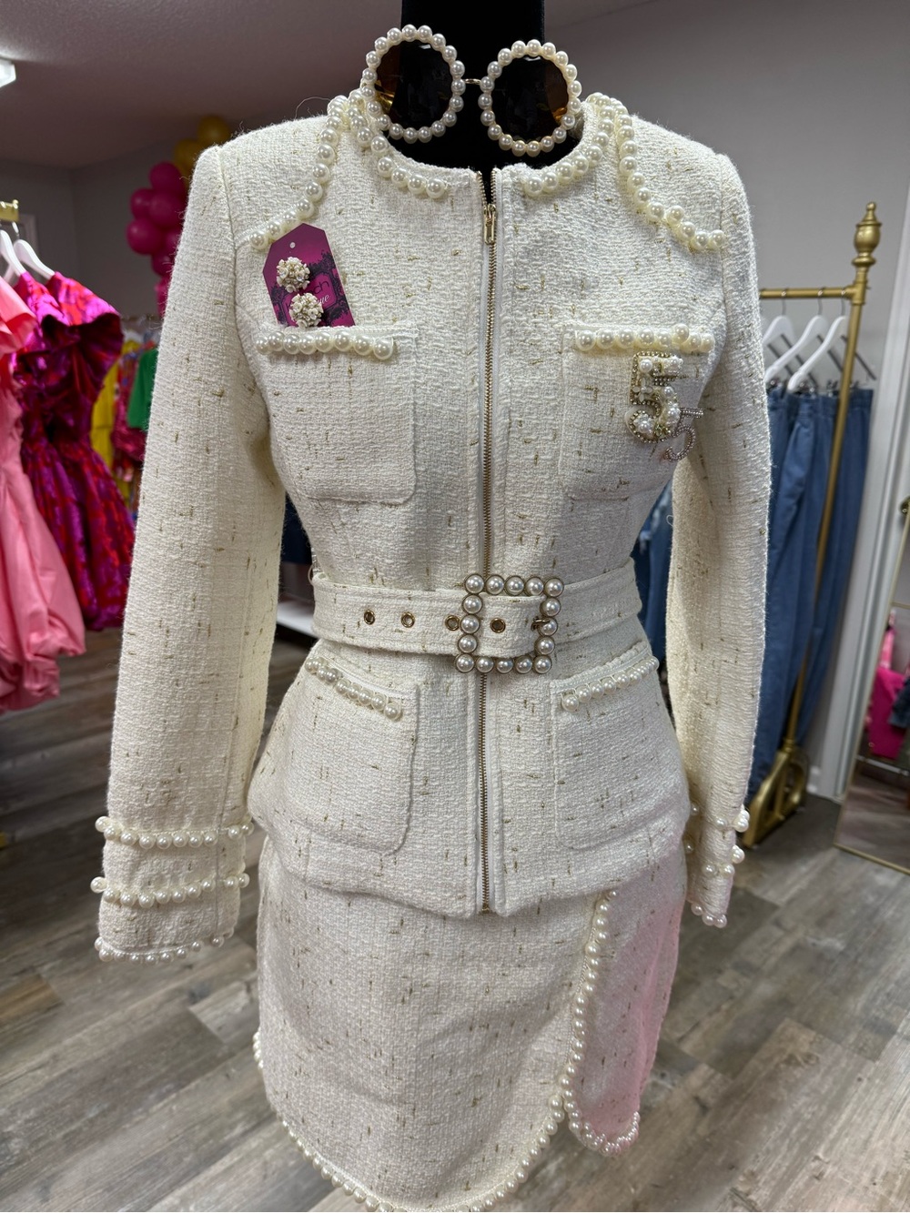 Pearl-Trim Tweed Skirt Suit Jacket & Skirt Set - Cream